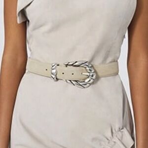 IRO Embella Suede Leather Belt With Sculpted Buckle Size 65 Cream Silver Western